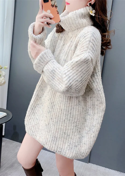 Beige Thick Knit Pullover Fashion Versatile Hign Neck Spring