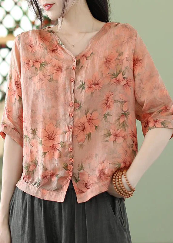 Pink Print Thin Cotton Shirt V Neck Summer