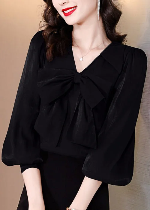 Black Bow Silk Blouses V Neck Long Sleeve