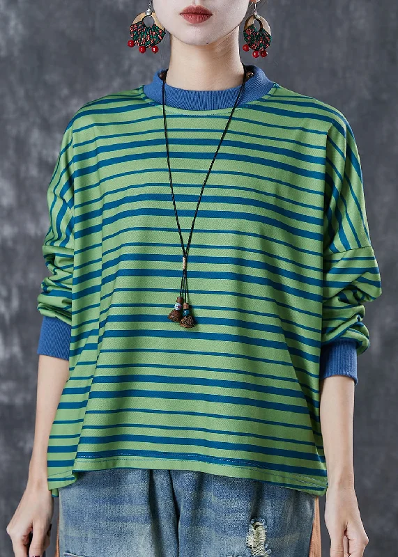 Style Green Oversized Striped Cotton Sweatshirt Streetwear Spring