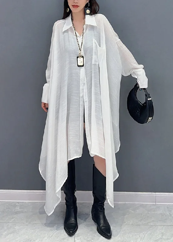 New White Asymmetrical Pockets Cotton Blouse Long Sleeve