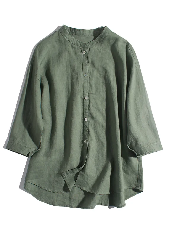 New Green Solid Button Pockets Linen Shirts Summer