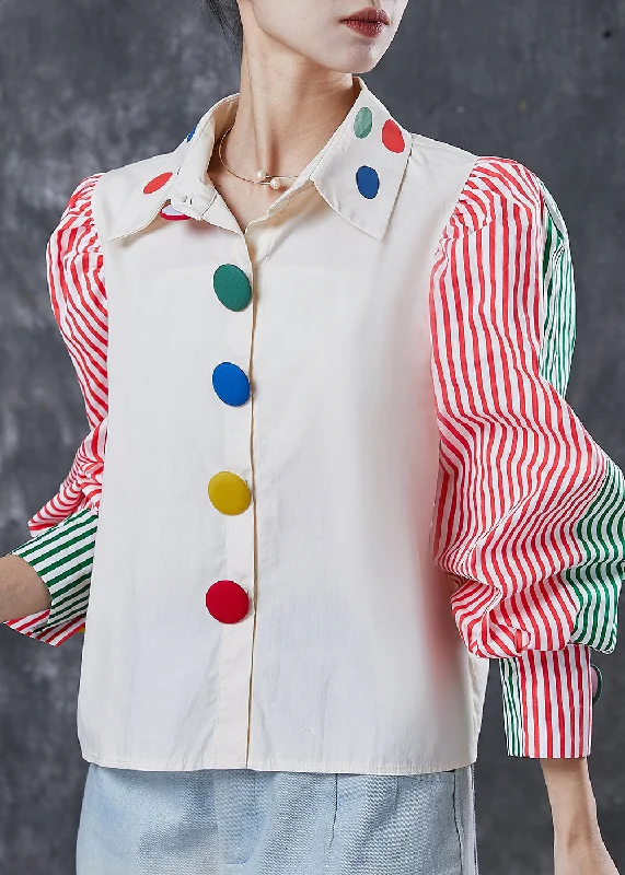 Classy White Puff Sleeve Patchwork Striped Cotton Blouses Spring