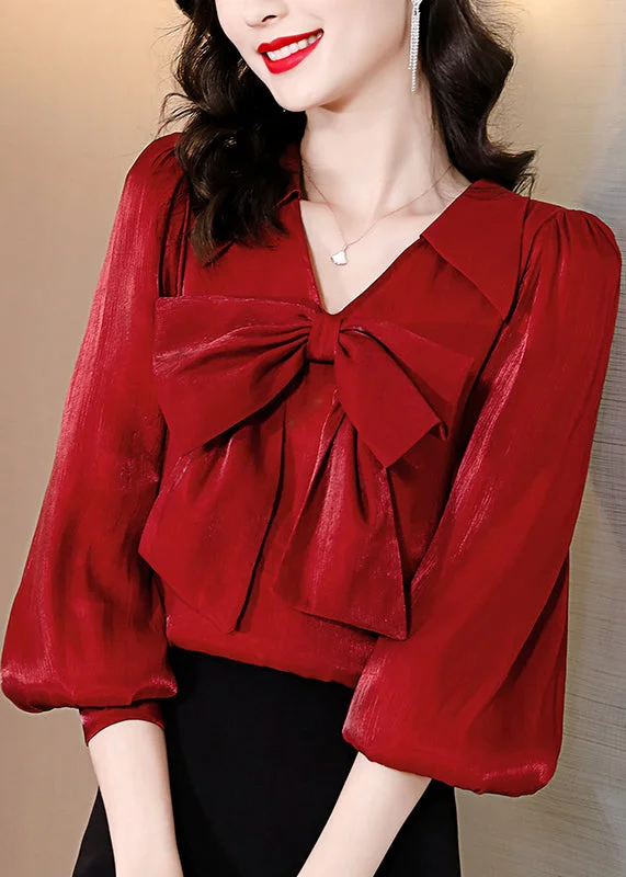 Novelty Red Solid Bow Silk Shirt Spring