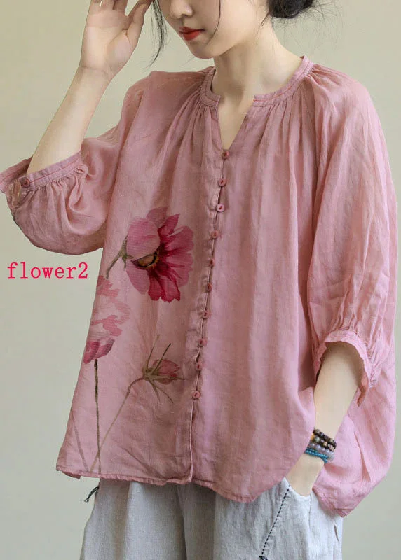 Italian Rose Flower V Neck Button Loose Half Sleeve Blouse Top