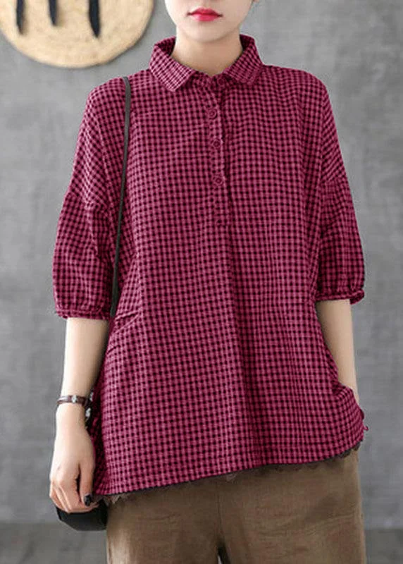 Italian Wine Red Linen Plaid Summer Patchwork Half Sleeve