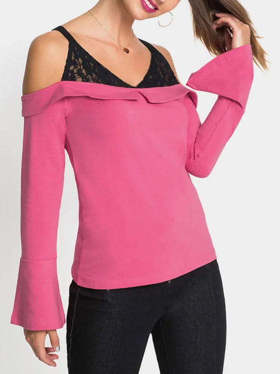 Custom Cold Shoulder Pullover Lace Long Sleeve Pink T-Shirts