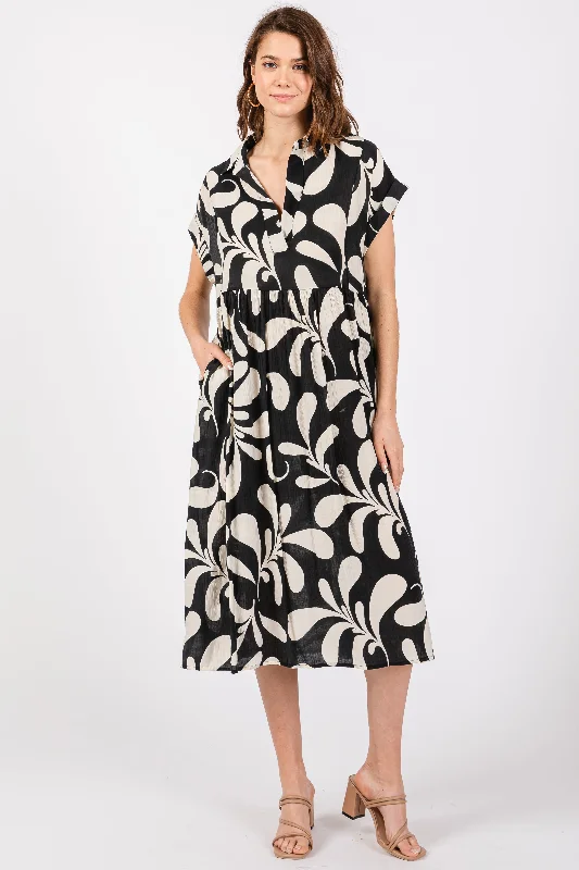 Black Abstract Print Collared Dress