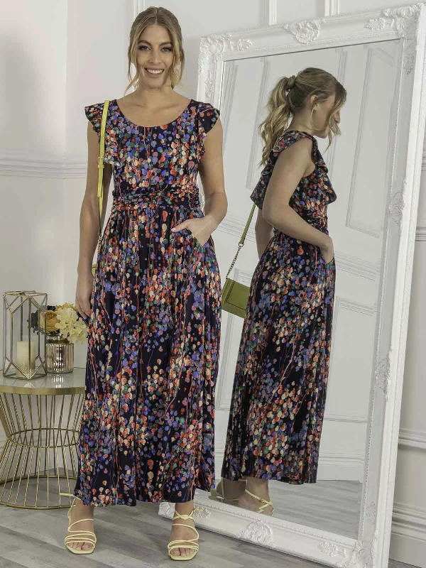 Jolie Moi Adalena Frill Shoulder Maxi Dress, Navy Multi