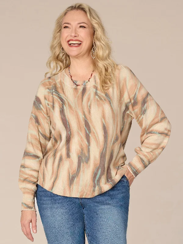 Puff Sleeve Round Neck Abstract Print Plus Size Sweater