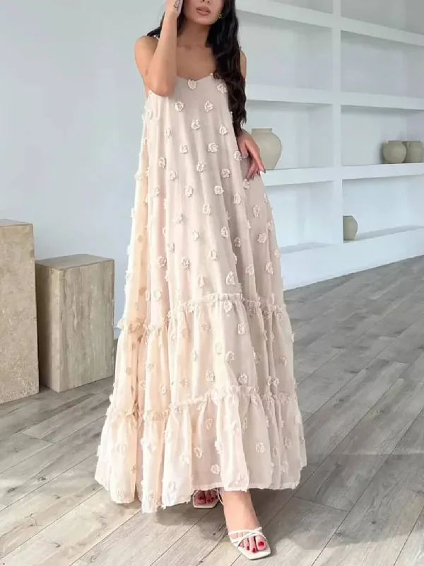 Pretty Flower Decor A-Line Graceful Layered Loose Maxi Dress