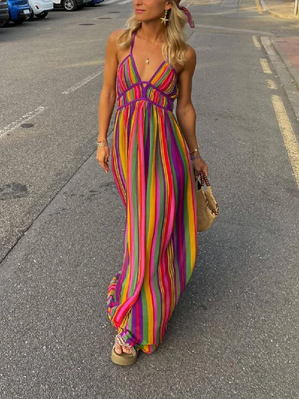 Rainbow Stripe Print Charming V-Neck Maxi Dress