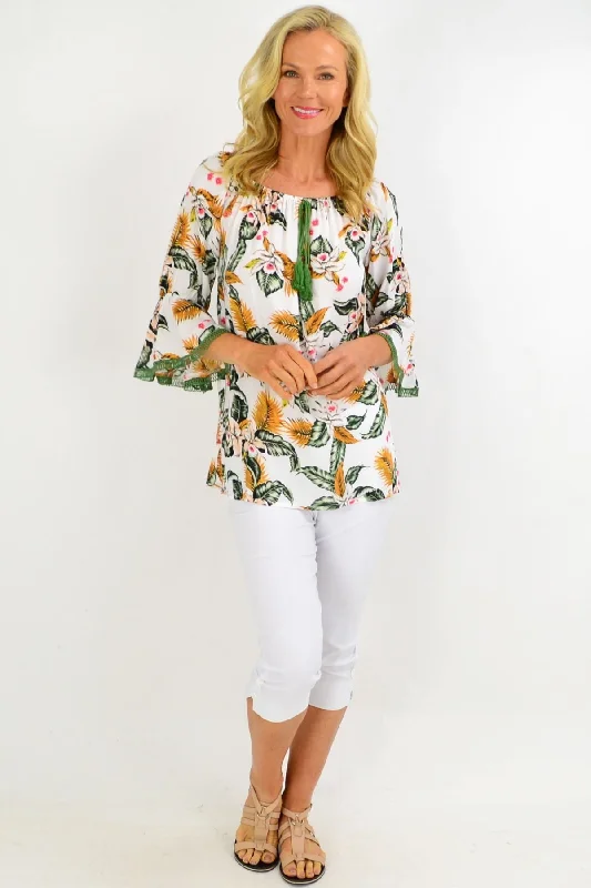 White Tropical Tassel Off shoulder Tunic Top