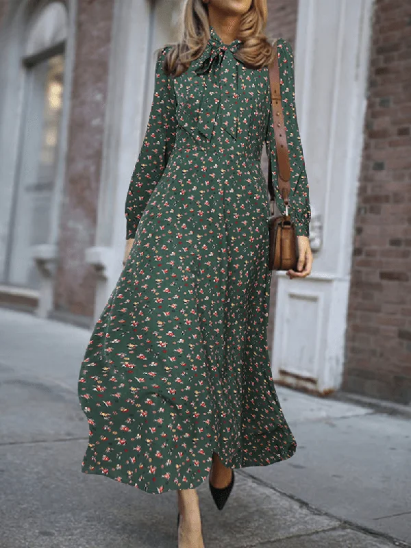 Women Floral Print Lace-Up Long Sleeve Side Zipper Casual Daily Maxi Dress