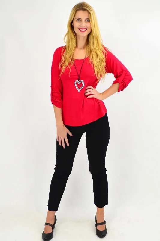 Red Button Up Long Sleeve Basic Top