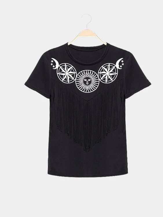 Custom Round Neck Printed Tassel Half Sleeve Black T-Shirts