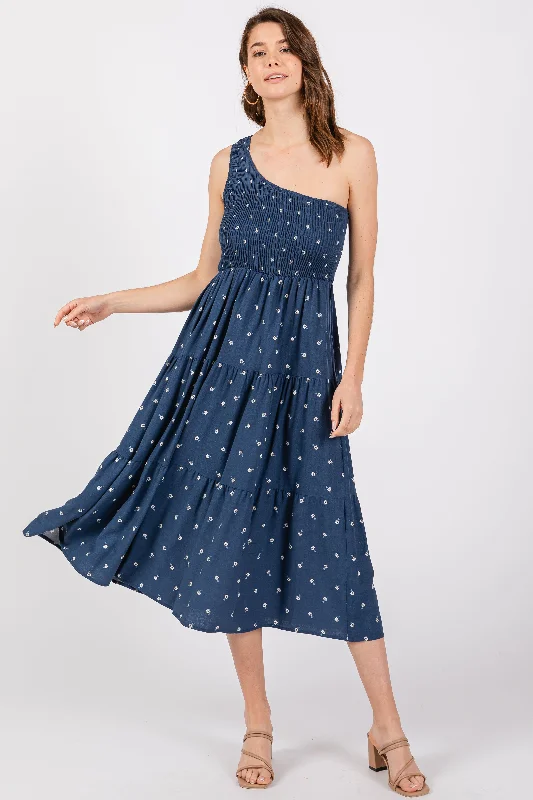 Navy Blue Floral Linen Smocked One Shoulder Tiered Midi Dress