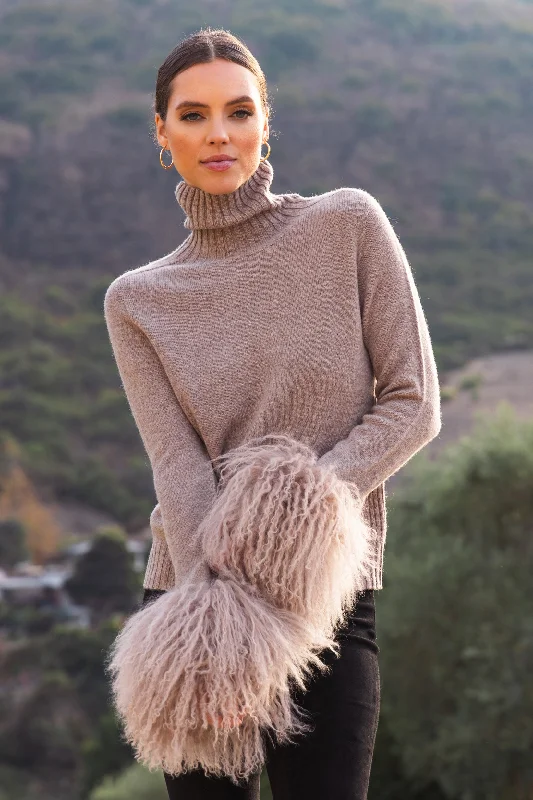 Hibernate Removable Mongolian Wool Cuff Turtleneck Sweater in Mocha