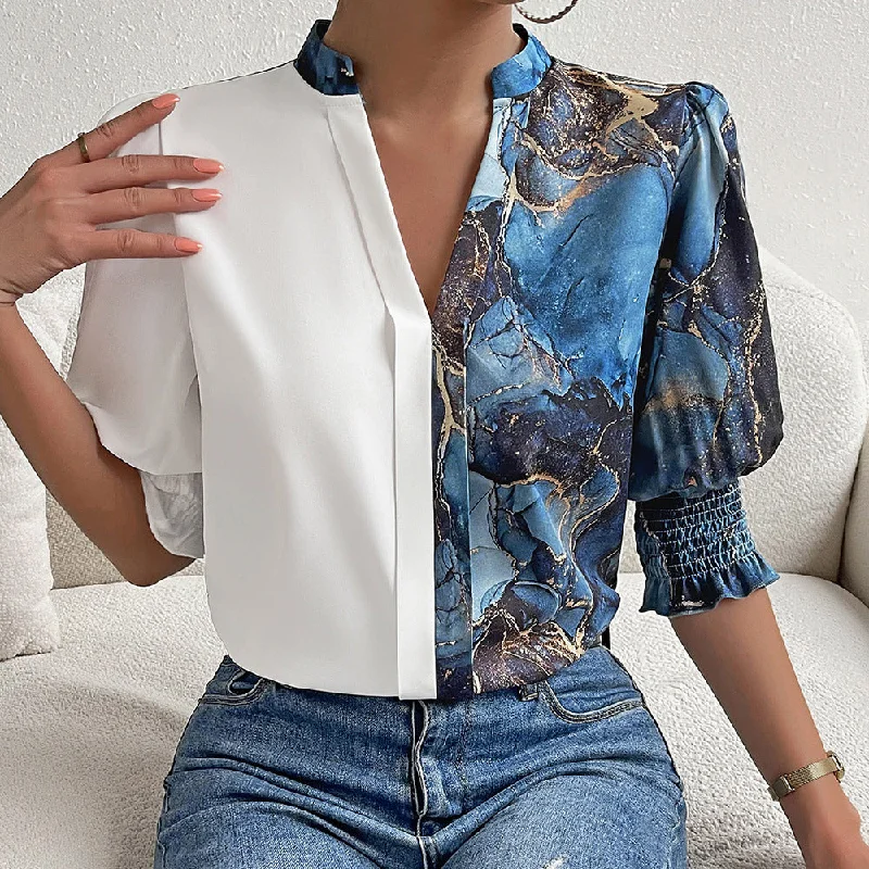 Elegant Bubble Sleeve Color Blocking Print V-Neck Top Wholesale Womens Tops