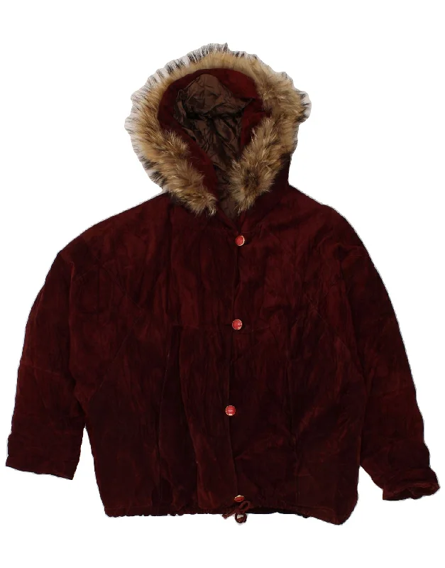 VINTAGE Womens Hooded Suede Jacket UK 16 Large Maroon Leather