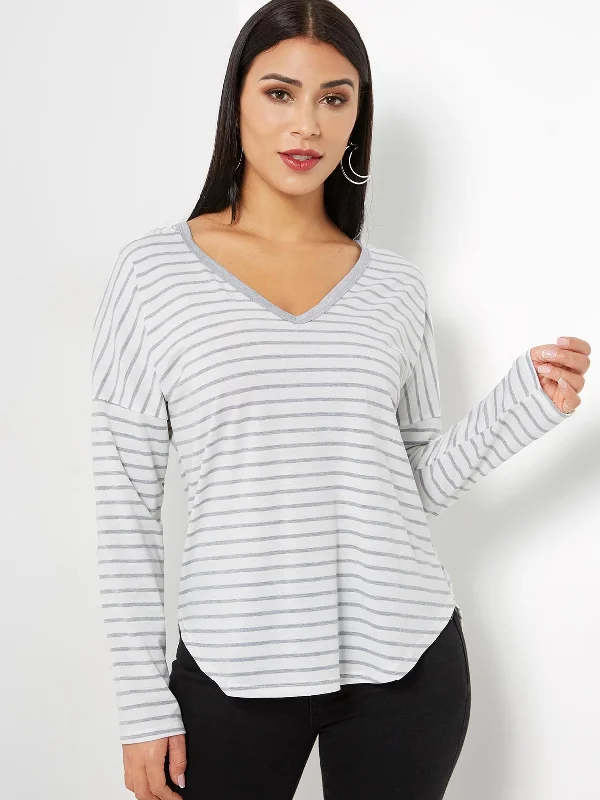 Custom V-Neck Stripe Hooded Long Sleeve High-Low Hem White T-Shirts