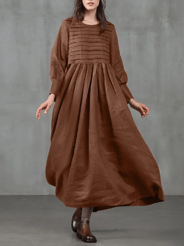 Vintage Puff Sleeve O-Neck Solid Color Side Pocket Pleated Maxi Dress for Women