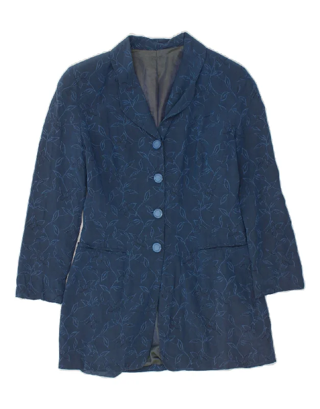 VINTAGE Womens Longline 4 Button Blazer Jacket UK 8 Small Navy Blue Floral