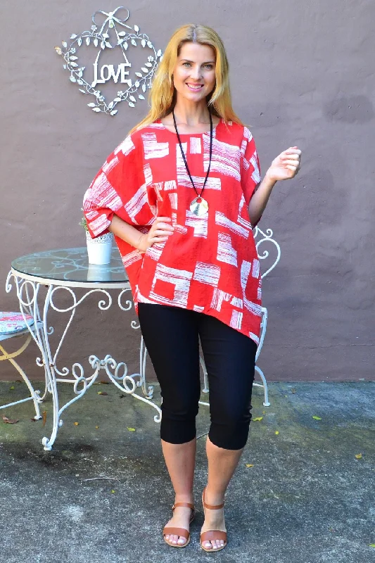 Orange-Red n White Block Tunic Top