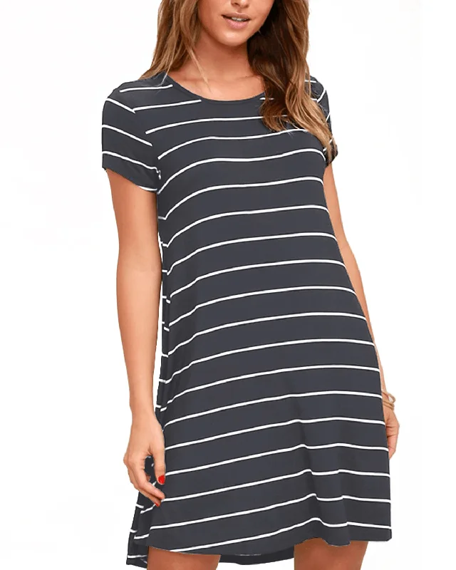 Striped O-Neck Short Sleeve Casual Summer Mini Shirt Dress