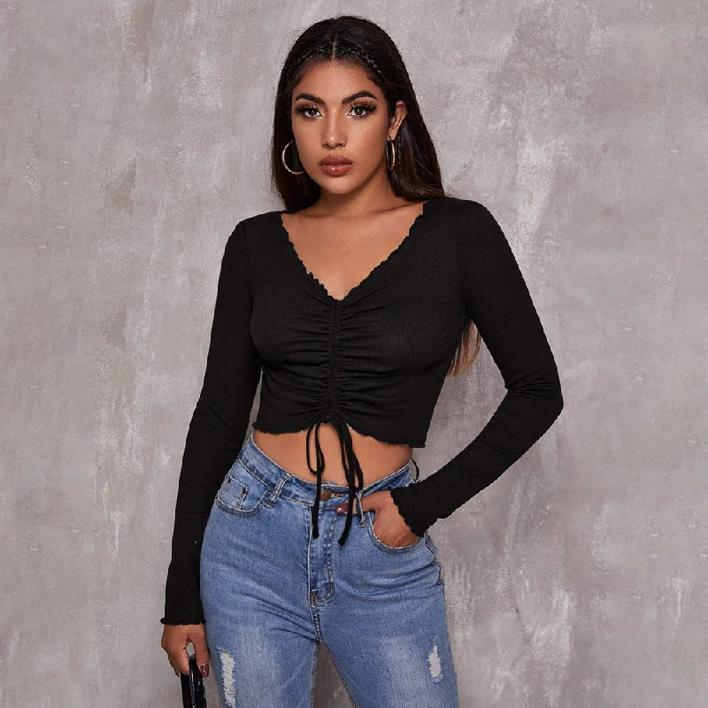 V-Neck Long Sleeve Crop Tops Wholesale Womens Clothing N3824072000239