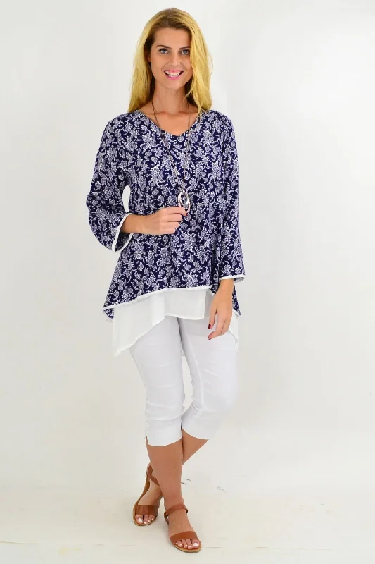 Navy & White Floral Layered Tunic Top