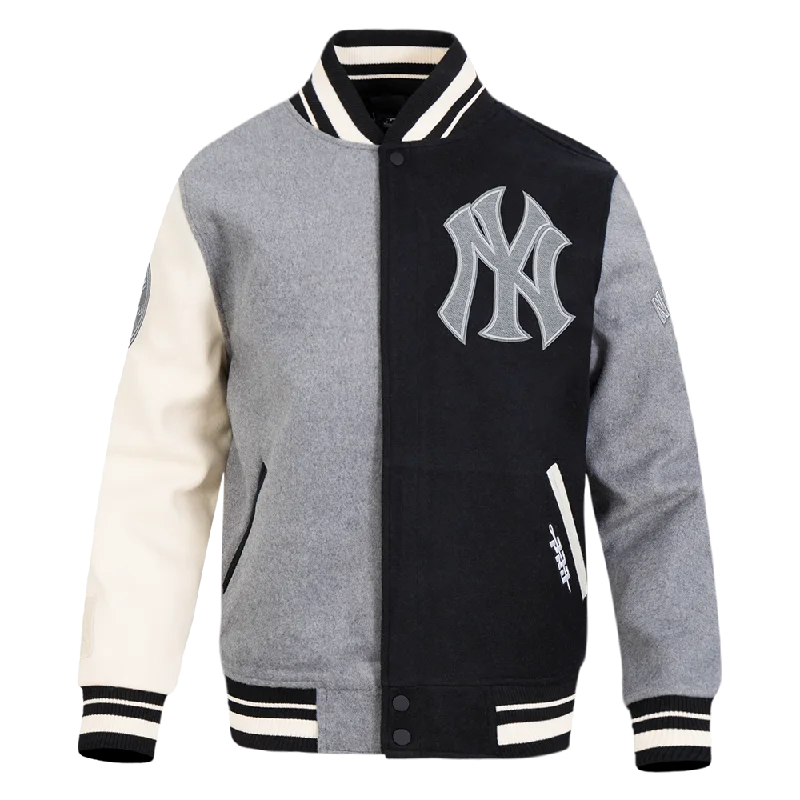 MLB NEW YORK YANKEES REVERSE FRENCH TERRY MEN'S COLOR BLOCK WOOL VARSITY JACKET (BLACK/GRAY/EGGSHELL)