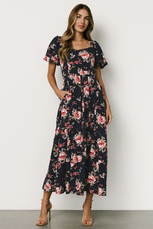 Greta Pleated Maxi Dress | Navy + Pink Floral