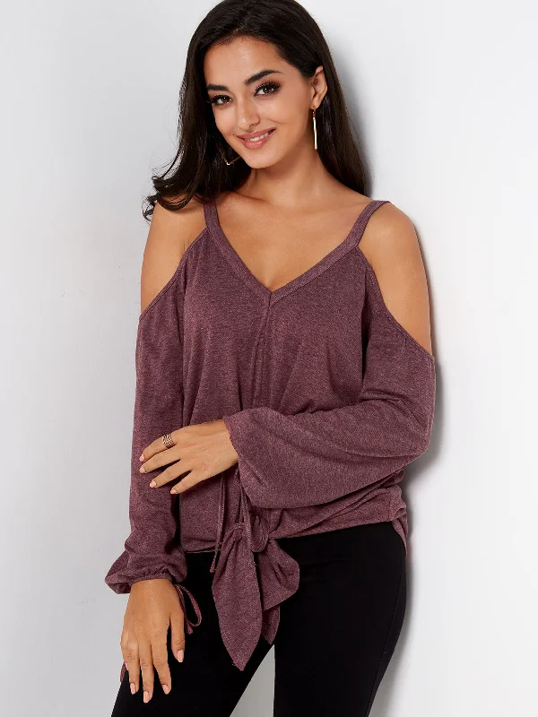 Custom V-Neck Cold Shoulder Plain Backless Tie-Up Long Sleeve Burgundy T-Shirts