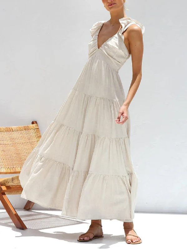 Ruffled Flying Sleeves Smocked Graceful Back Tiered Vacation Maxi Dress