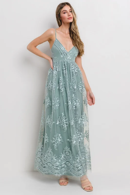 Mint Green Floral Lace Overlay Maxi Dress