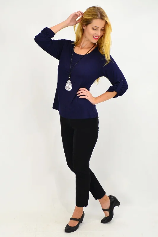 Navy Button Up Long Sleeve Basic Top