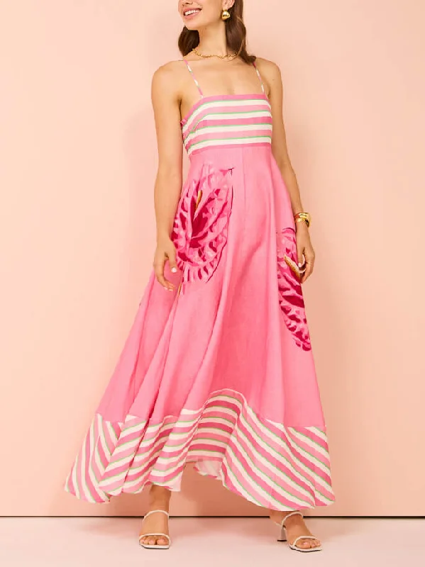 Floral Print Paneled Charming Striped Suspender Mixi Dress