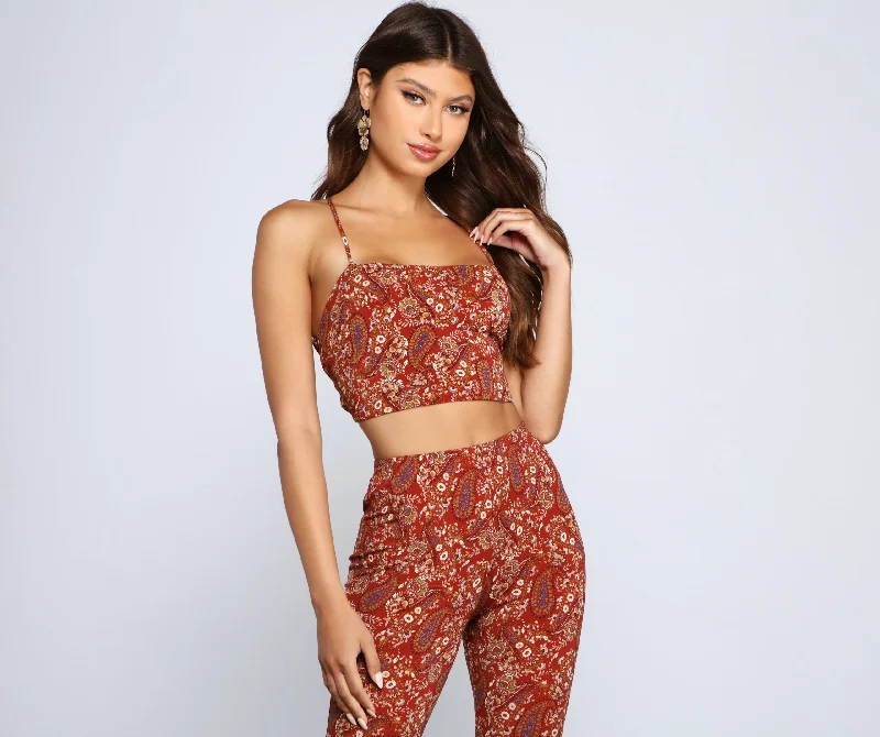 Paisley Chic Lace Up Crop Top