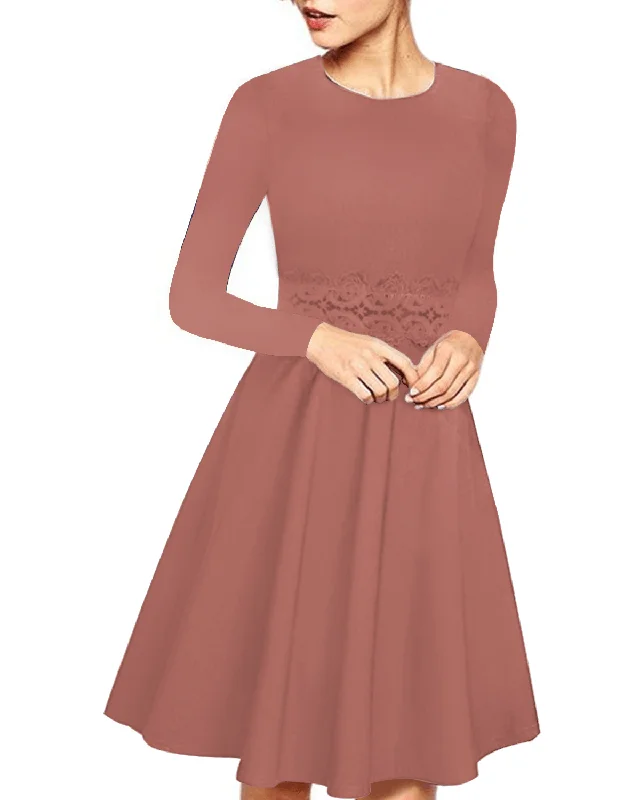 Women Elegant Long Sleeve Lace Patchwork Midi a Line Dress