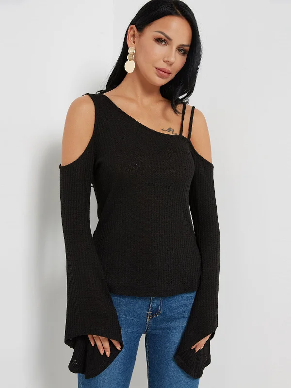 Custom Cold Shoulder Plain Long Sleeve Black Fashion Tee