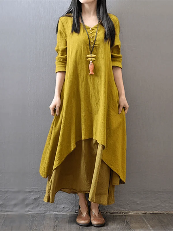 Women Long Sleeve Double Layers Button Asymmetric Vintage Maxi Dress