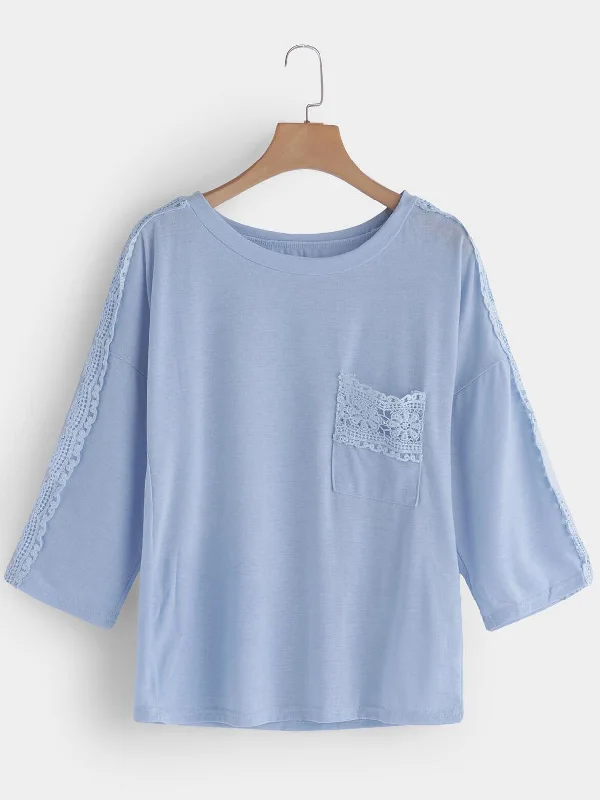 Custom Round Neck Pullover Plain Lace 3/4 Sleeve Sky Blue T-Shirts