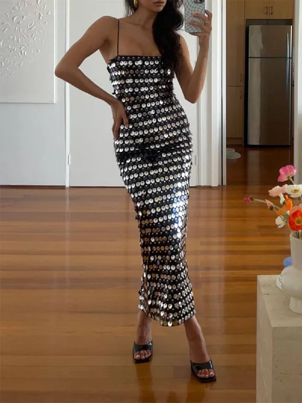 Silver Sequin Stylish Strap Midi Dress