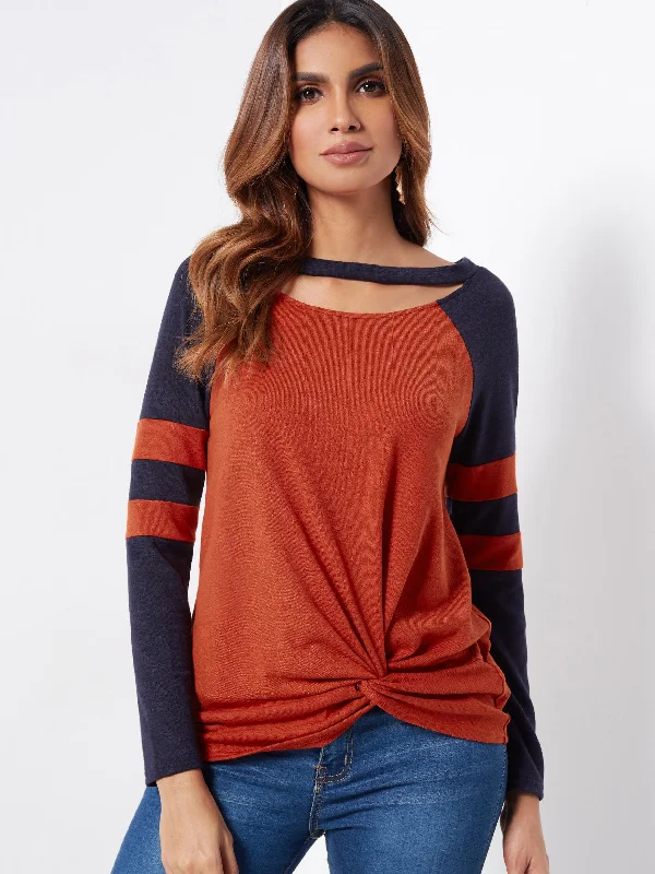 Custom Round Neck Stripe Cut Out Long Sleeve Orange T-Shirts