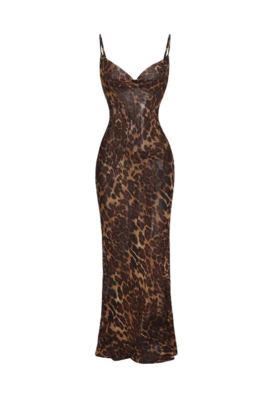 A&A Mesh Sheer Leopard Print Bodycon Maxi Dress