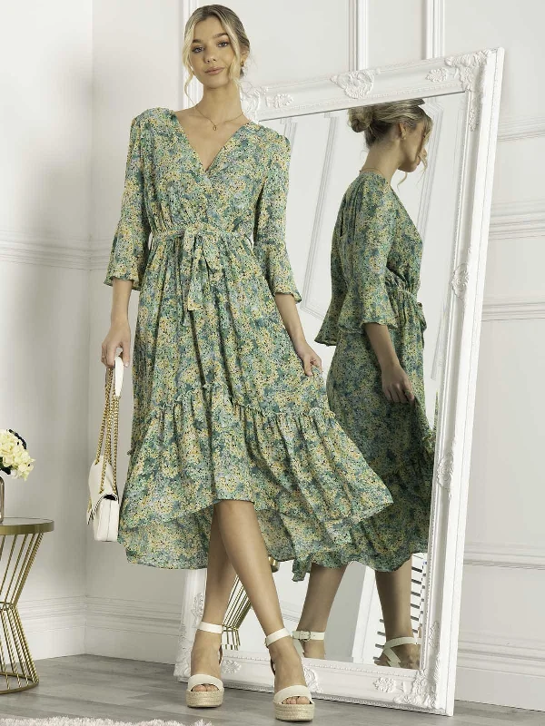 Jolie Moi Geelan Tiered Hem Maxi Dress, Green Floral