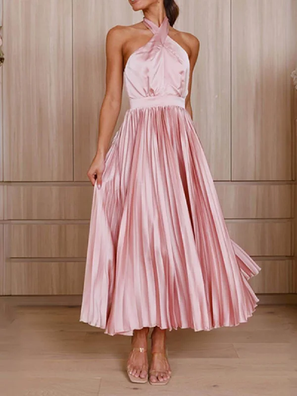 Neckline Pleated Vacation Charming Party Midi Dresses