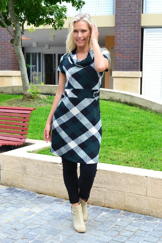 Tartan Rolled Neck Fleece Tunic Dress