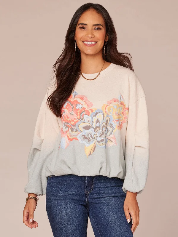 Long Sleeve Crew Neck Floral Screen Print Petite Knit Sweatshirt